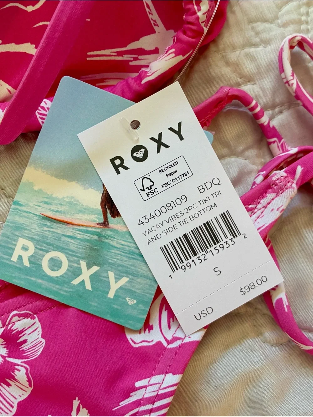Roxy Swim High Cheeky Pink And White Floral Bikini (Small) NWT